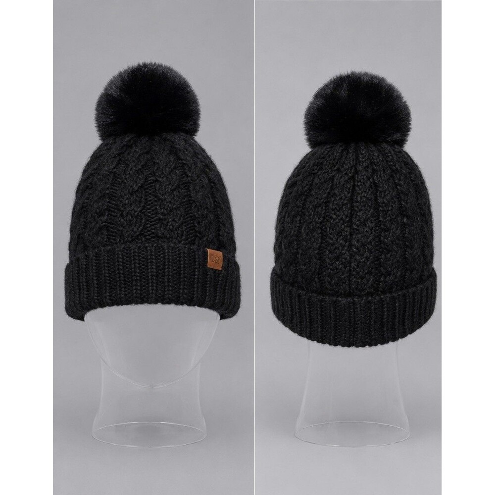 David and Young D&Y Beanie Faux Fur Pom Pom Women's Hat Black Knit Lined